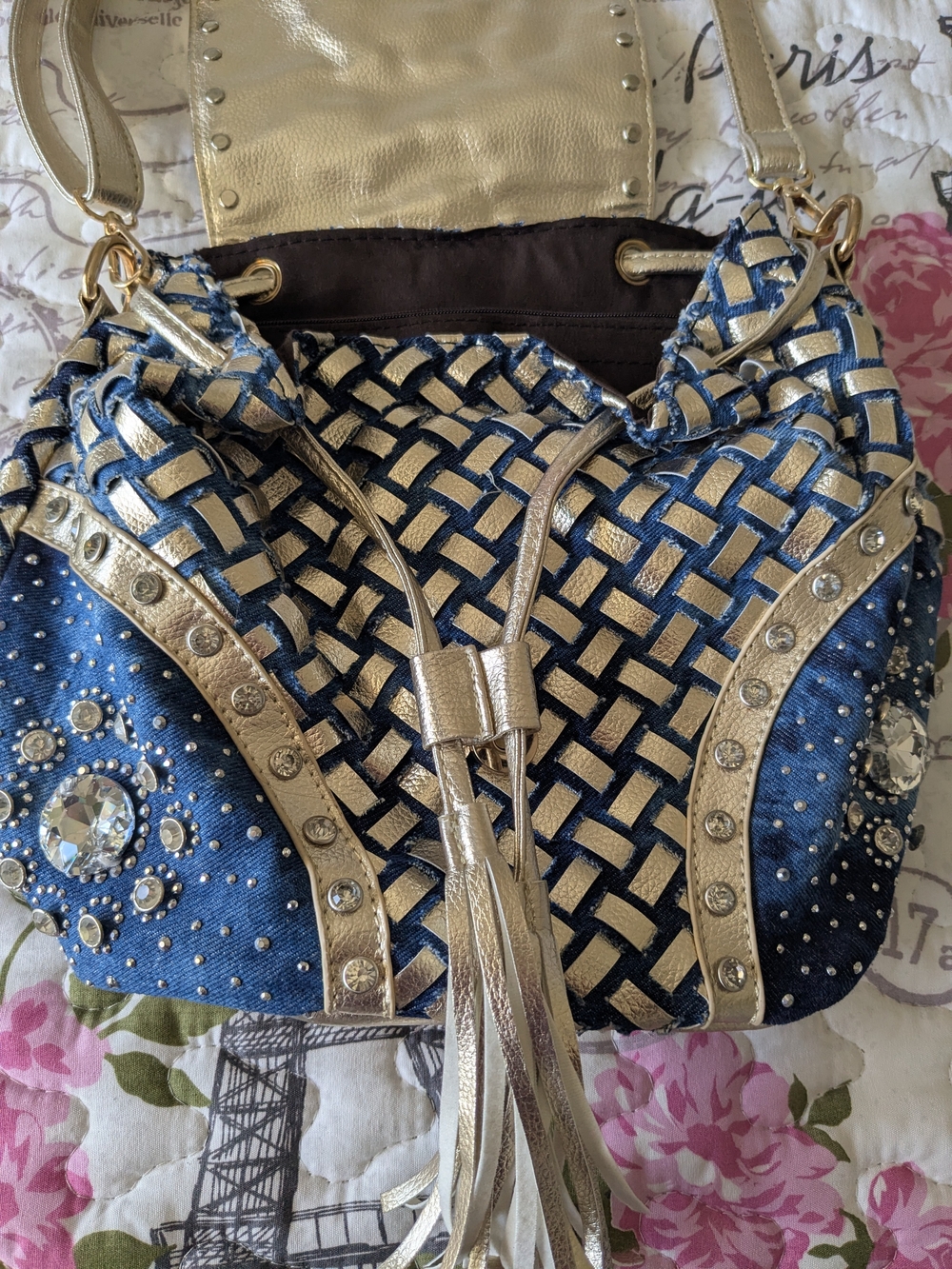 New Never Worn Blue and Gold Rhinestone Shoulder Bag with Tassel - Picture 2 of 7
